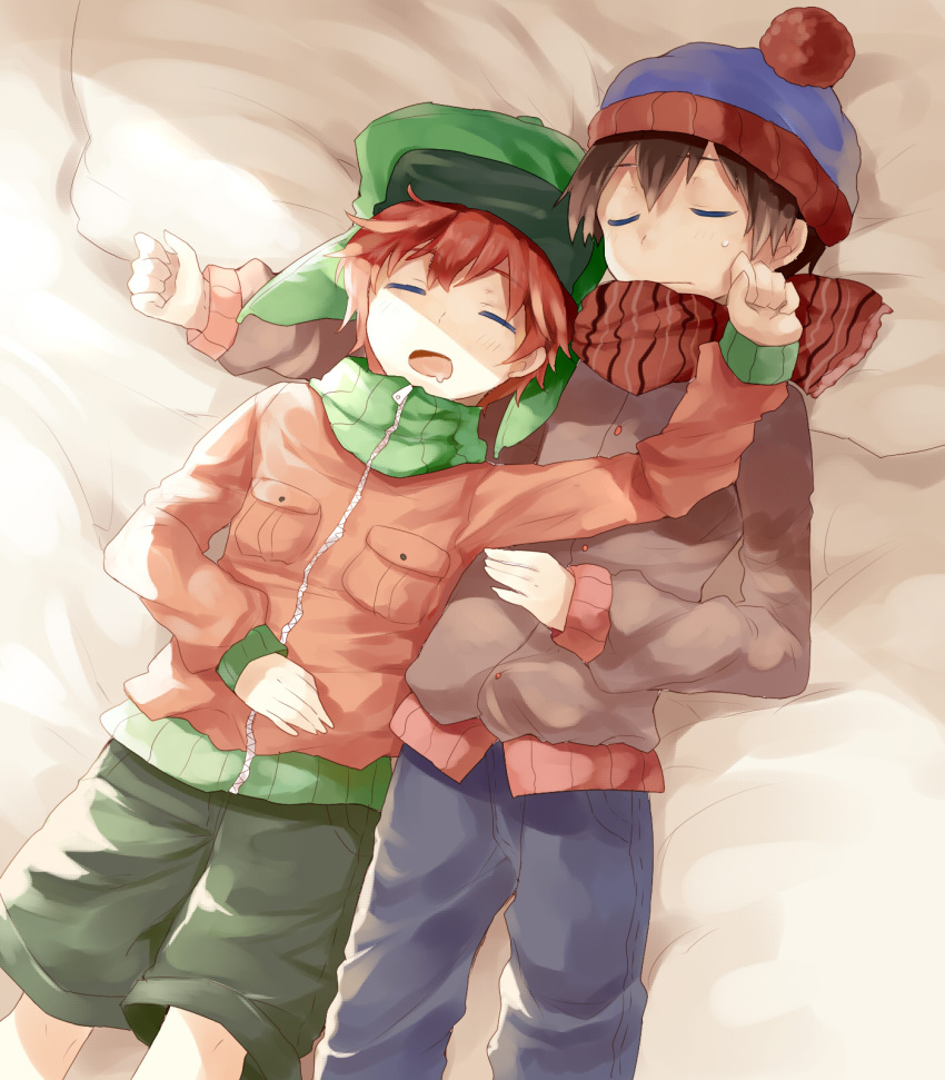 2boys animification beanie black_hair closed_eyes coat commentary_request couple denim from_above green_scarf green_shorts hand_on_another's_cheek hand_on_another's_face hat highres implied_yaoi jacket jeans kinakomotitaberu kyle_broflovski long_sleeves lying male_child male_focus multiple_boys on_back on_bed open_mouth pants pillow red_hair red_scarf scarf short_hair shorts south_park stan_marsh