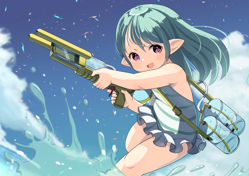 1girl :d aqua_hair arm_up bare_arms bare_shoulders blue_sky cloud day final_fantasy final_fantasy_xiv flat_chest foot_out_of_frame foot_up frilled_one-piece_swimsuit frills hair_between_eyes hand_up highres holding holding_water_gun lalafell long_hair one-piece_swimsuit open_mouth pointy_ears purple_eyes shelldy sky smile solo splashing straight_hair strap striped striped_one-piece_swimsuit swept_bangs swimsuit tongue two-tone_one-piece_swimsuit v-shaped_eyebrows water water_gun