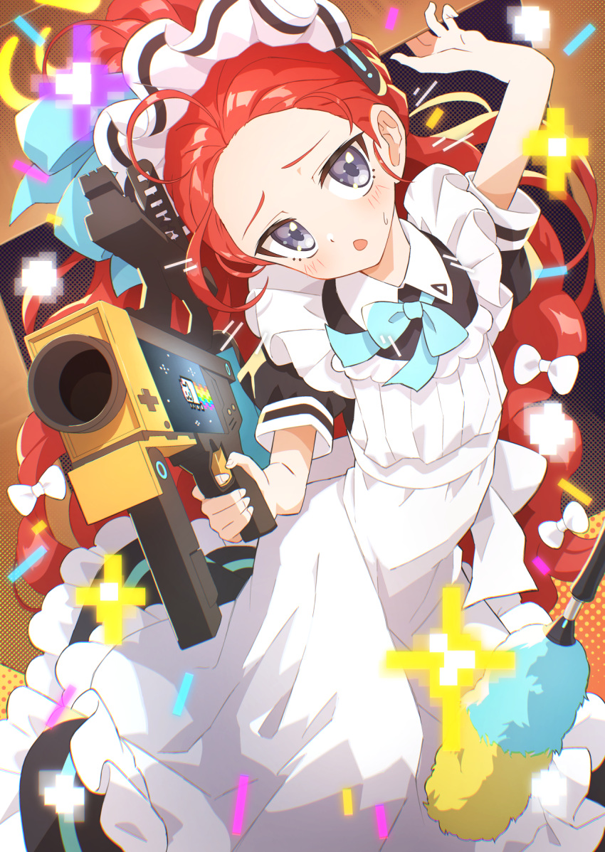 1girl aiming_at_viewer apron arm_up black_dress blue_archive blue_bow blue_bowtie blush bow bowtie collared_dress commentary dress duster feet_out_of_frame forehead frilled_apron frills fuji_tarawi gun hair_bow hair_pulled_back highres holding holding_gun holding_weapon maid maid_apron maid_headdress multiple_hair_bows official_alternate_costume parted_lips ponytail puffy_short_sleeves puffy_sleeves purple_eyes red_hair short_sleeves solo weapon white_apron white_bow yuzu_(blue_archive) yuzu_(maid)_(blue_archive)