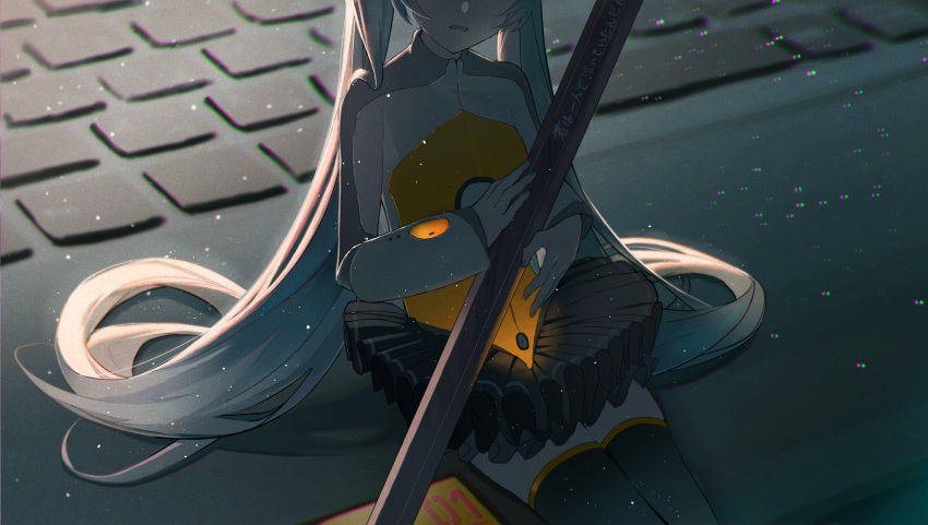 1girl black_skirt black_thighhighs blue_hair blue_nails computer cowboy_shot facing_viewer hatsune_miku head_out_of_frame highres holding holding_pencil keyboard_(computer) laptop layered_skirt long_hair long_sleeves mini_person minigirl nail_polish odds_&amp;_ends_(vocaloid) orange_shirt pencil pleated_skirt shirt sidelocks sitting skirt solo thighhighs twintails two-tone_shirt very_long_hair vocaloid white_shirt yurun_(yurun_ume) zettai_ryouiki