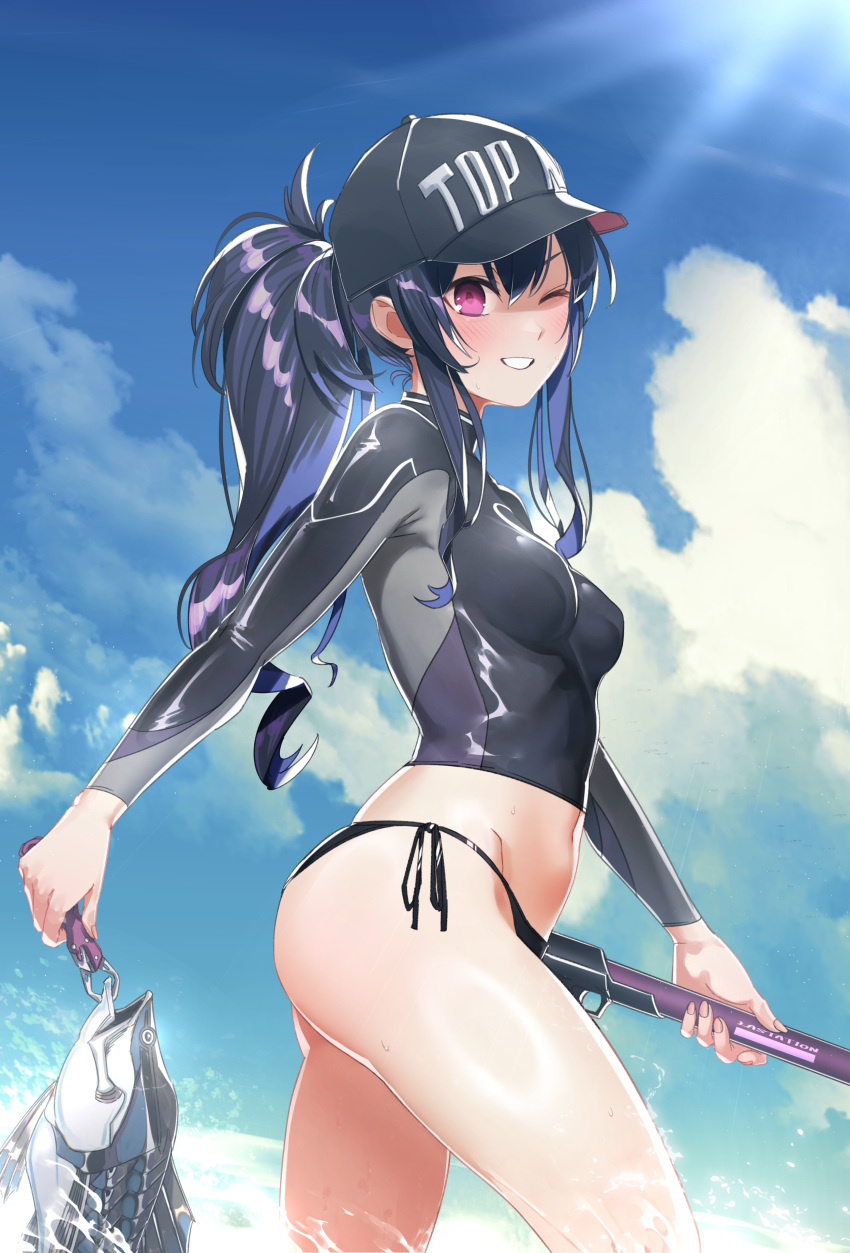 1girl absurdres alternate_breast_size alternate_hairstyle ass bikini black_bikini_bottom bodysuit breasts choujigen_game_neptune cloud cloudy_sky commentary_request cowboy_shot diving_suit fish_request fishing_rod hat highleg highleg_bikini highres holding holding_fishing_rod looking_at_viewer medium_breasts mob_cap mstm navel neptune_(series) one_eye_closed ponytail profile purple_eyes shadow sidelocks sky smile solo string_bikini swimsuit taut_clothes taut_swimsuit thighs top_nep_hat uni_(neptunia) wetsuit