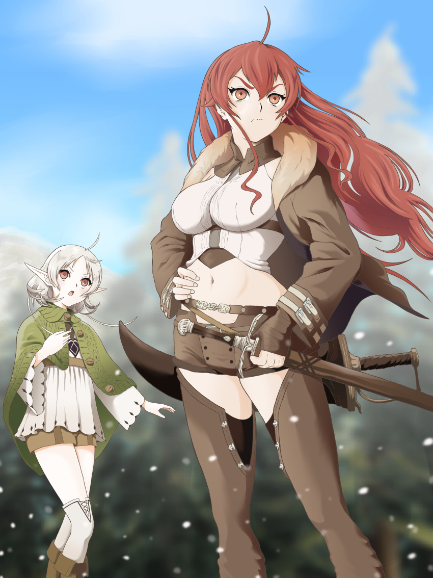 2girls absurdres ahoge blue_sky breasts brown_pants capelet clothing_cutout cloud day dress elf eris_greyrat fingerless_gloves gloves green_capelet hand_on_own_hip highres large_breasts long_hair medium_hair multiple_girls mushoku_tensei navel outdoors pants pointy_ears red_eyes red_hair rora_(user_vgpk4444) scabbard sheath sheathed shirt sky sword sylphiette_(mushoku_tensei) thighhighs weapon white_dress white_hair white_shirt