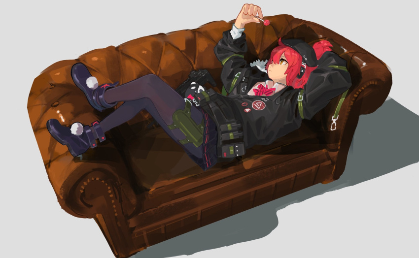 1girl ahoge arm_behind_head beret black_headwear black_jacket black_pantyhose boots bow bowtie candy closed_mouth collared_shirt commentary_request couch crossed_legs expressionless feet_up food full_body girls'_frontline gun h&amp;k_mp7 hand_up hat headphones highres holding holding_candy holding_food holding_lollipop jacket lollipop long_sleeves looking_at_food looking_up lying mp7_(girls'_frontline) on_back on_couch open_clothes open_jacket pantyhose partially_unzipped pom_pom_(clothes) qyuandee3 red_hair shadow shirt short_ponytail solo striped striped_bow striped_bowtie submachine_gun thigh_sheath weapon white_background white_shirt yellow_eyes