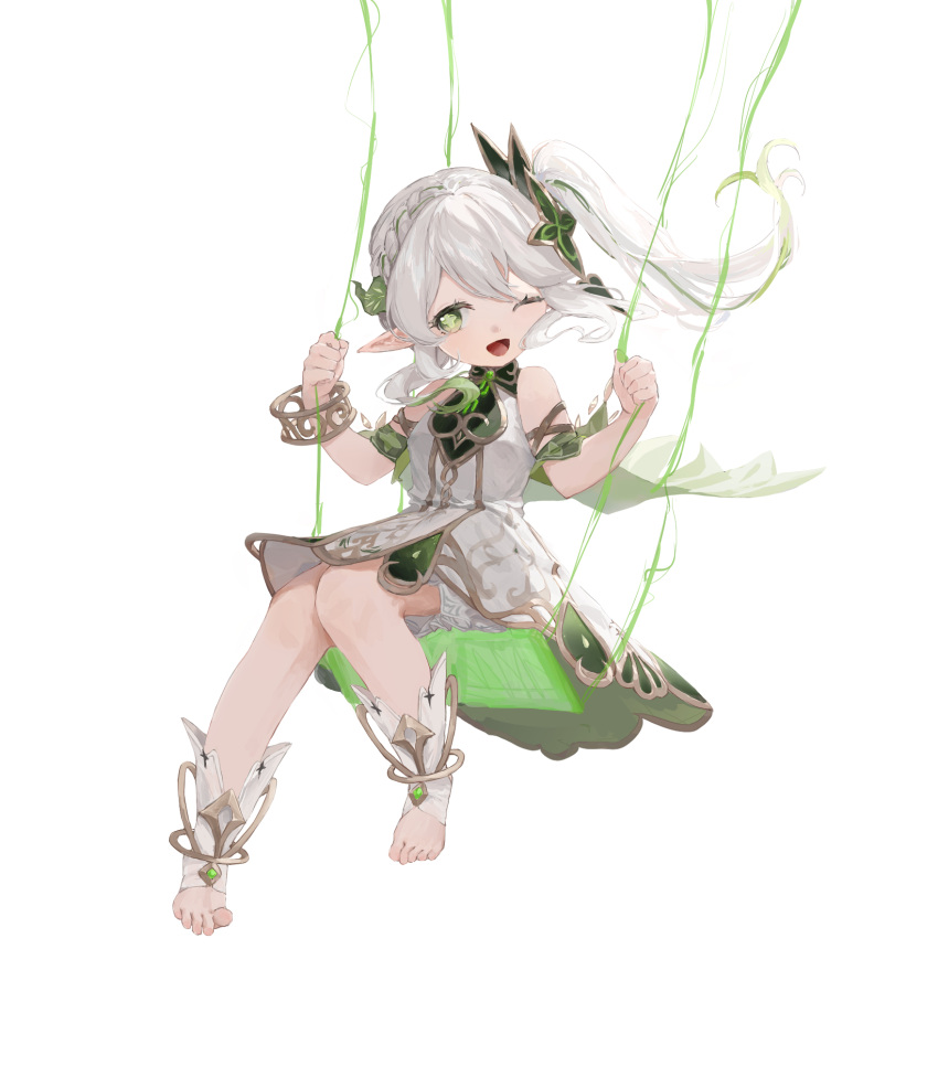 1girl ;d bracelet braid cape cross-shaped_pupils dress female_child full_body genshin_impact gradient_hair green_cape green_eyes green_hair green_sleeves hair_ornament highres jewelry leaf_hair_ornament long_hair looking_at_viewer miaooon multicolored_hair nahida_(genshin_impact) one_eye_closed pointy_ears short_dress side_ponytail sitting smile solo stirrup_footwear swing symbol-shaped_pupils toeless_footwear toes white_background white_dress white_hair