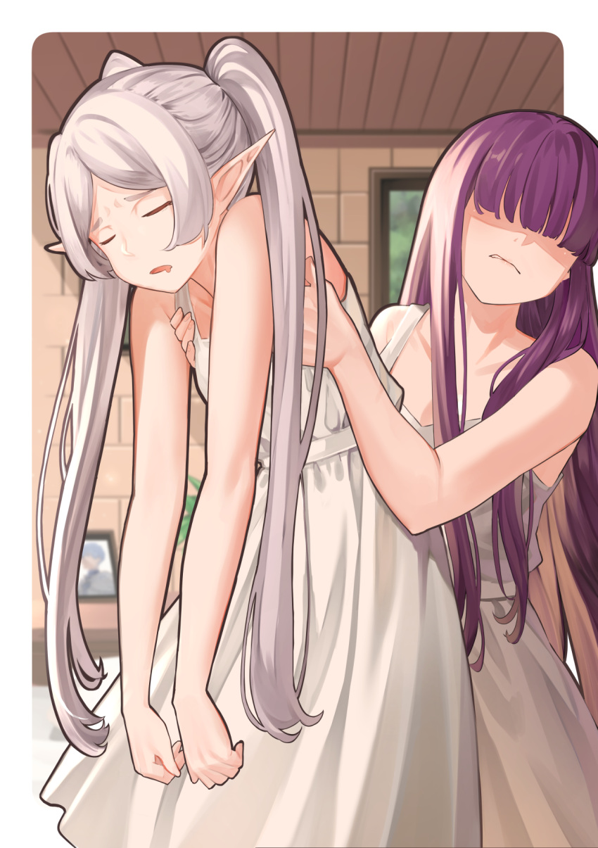 2girls closed_eyes collarbone drooling elf fern_(sousou_no_frieren) frieren grey_hair grimace hair_over_eyes highres himmel_(sousou_no_frieren) indoors lifting_person long_hair mouth_drool multiple_girls nightgown nonh_(wormoftank) picture_(object) pointy_ears purple_hair shaded_face sleeping sleepwear sousou_no_frieren straight_hair twintails window