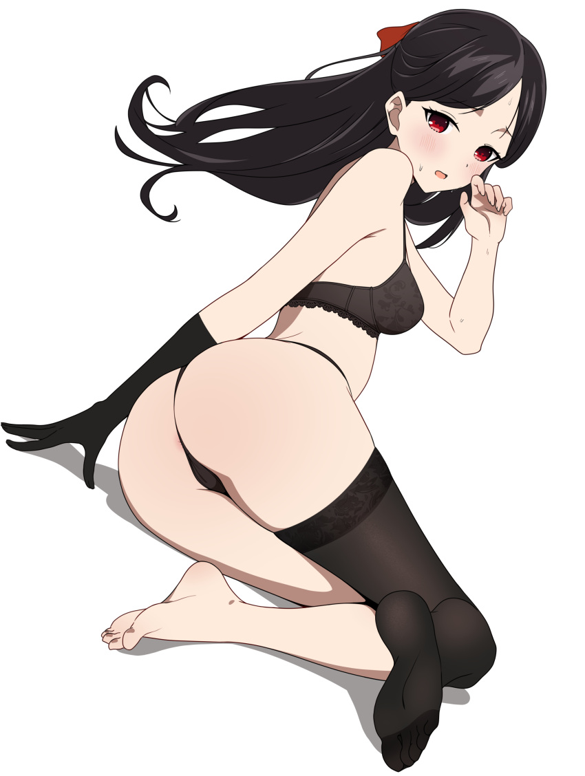 1girl absurdres anus anus_peek arm_support ass bare_shoulders barefoot black_bra black_gloves black_hair black_panties black_thighhighs blush bra breasts coro_fae dot_nose dutch_angle elbow_gloves feet floating_hair furrowed_brow gloves hair_ribbon half_updo hand_up highres kaguya-sama_wa_kokurasetai_~tensai-tachi_no_renai_zunousen~ long_hair looking_at_viewer looking_back no_shoes open_mouth paid_reward_available panties parted_bangs red_eyes red_ribbon ribbon shadow shinomiya_kaguya simple_background single_glove single_thighhigh sitting small_breasts soles solo sweatdrop thighhighs thong toes underwear underwear_only white_background yokozuwari