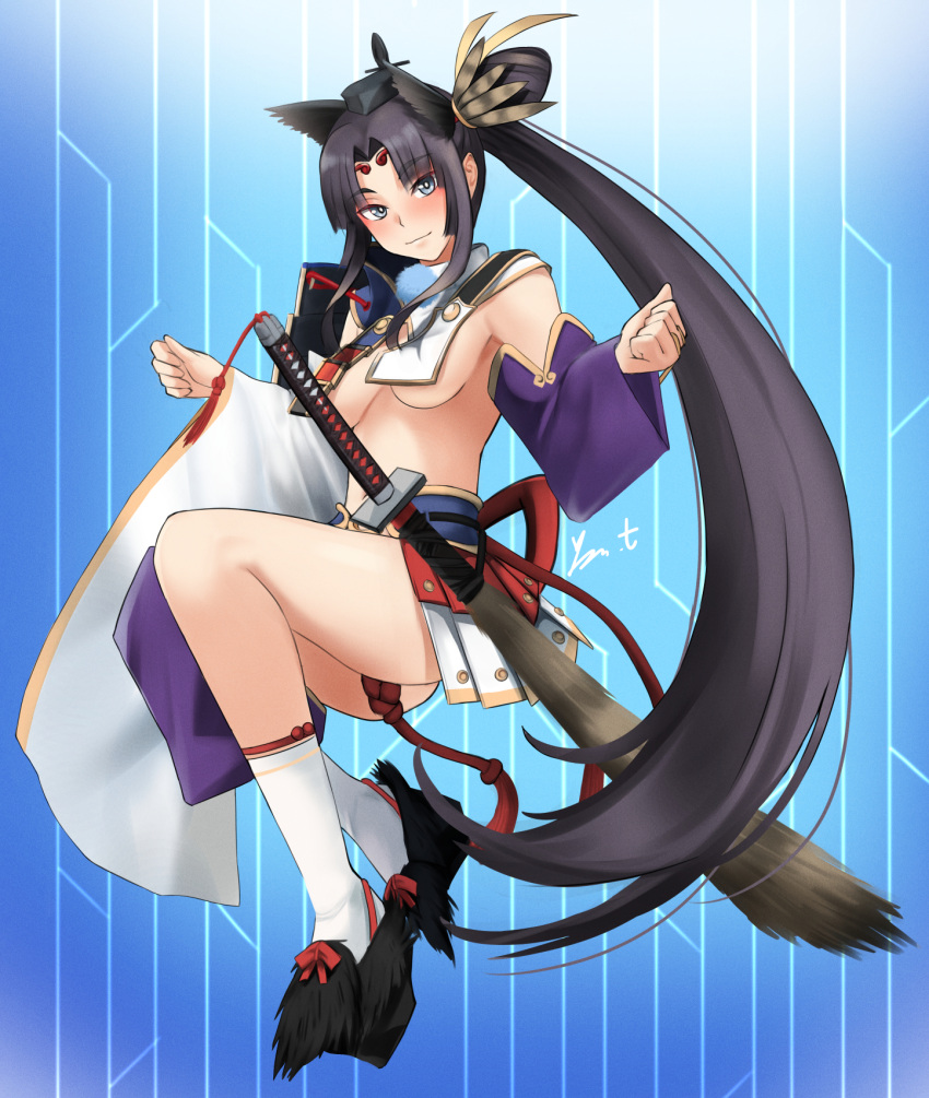 1girl armor asymmetrical_clothes asymmetrical_sleeves black_hair blue_eyes blush breast_curtains breasts closed_mouth commentary_request detached_sleeves fate/grand_order fate_(series) feather_hair_ornament feathers full_body hair_ornament hat highres japanese_armor katana kneehighs kusazuri long_hair looking_at_viewer medium_breasts mismatched_sleeves navel parted_bangs pauldrons purple_sleeves revealing_clothes sheath sheathed shoulder_armor side_ponytail single_pantsleg single_pauldron smile socks sode solo sword sword_hilt tassel tate_eboshi ushiwakamaru_(fate) very_long_hair weapon white_sleeves white_socks yoo_tenchi