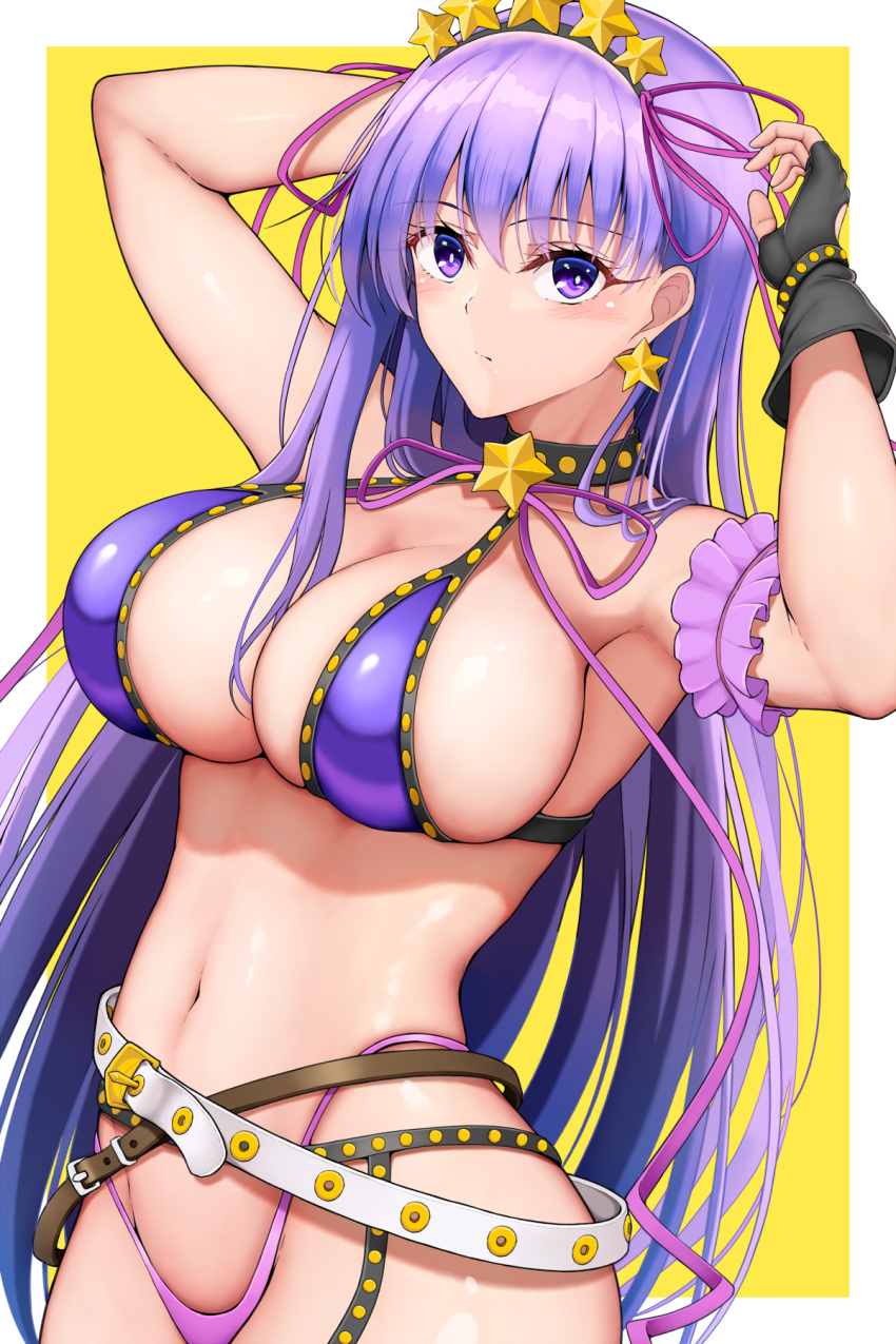 1girl bare_shoulders bb_(fate) bb_(swimsuit_mooncancer)_(fate) belt bikini black_garter_belt black_gloves blush breasts cleavage earrings fate/grand_order fate_(series) fingerless_gloves garter_belt gloves hair_ornament hair_ribbon hairband hamaguri_(hamaguri1234) highres jewelry large_breasts long_hair looking_at_viewer navel neck_ribbon purple_bikini purple_eyes purple_hair ribbon solo star_(symbol) star_earrings star_hair_ornament studded_garter_belt swimsuit very_long_hair white_belt