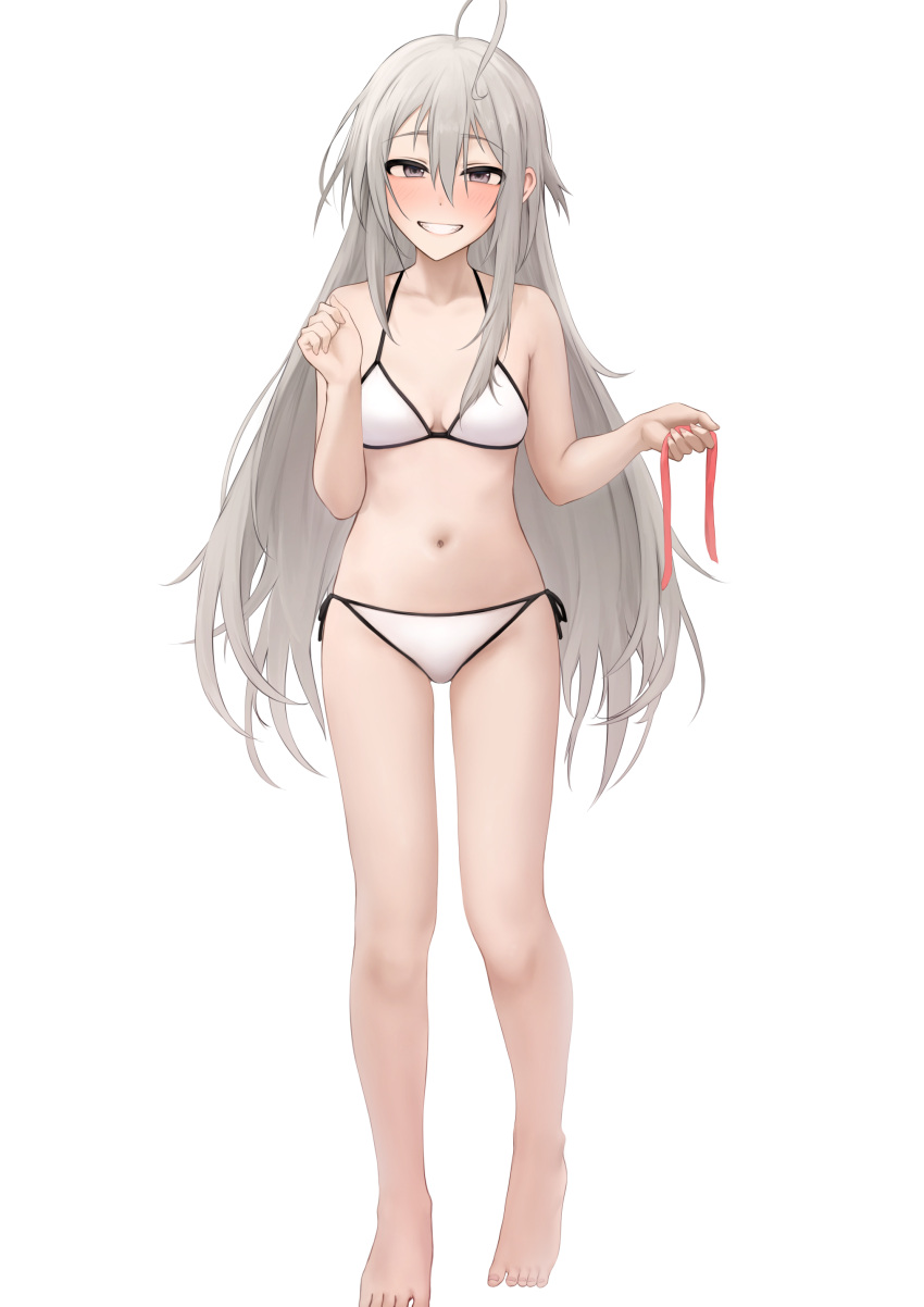 1girl absurdres ahoge bikini blush breasts collarbone full_body gobi_(jtnyrwbkohiqsuldg) grey_hair grin highres holding holding_ribbon hoshi_syoko idolmaster idolmaster_cinderella_girls long_hair looking_at_viewer navel ribbon simple_background small_breasts smile solo stomach swimsuit very_long_hair white_background white_bikini