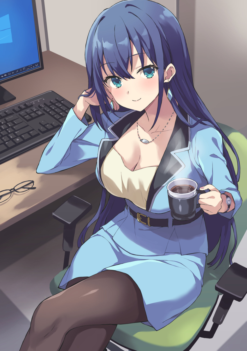 1girl black_pantyhose blue_hair blue_jacket blue_skirt blush breasts business_suit cleavage coffee_mug collarbone commentary computer cup disposable_cup earrings engage_kiss eyewear_removed formal glasses green_eyes hand_on_own_face highres holding holding_cup jacket jewelry keyboard_(computer) large_breasts long_hair looking_at_viewer monitor mug necklace pantyhose pencil_skirt rasahan revision skirt smile solo suit watch wristwatch yuugiri_ayano