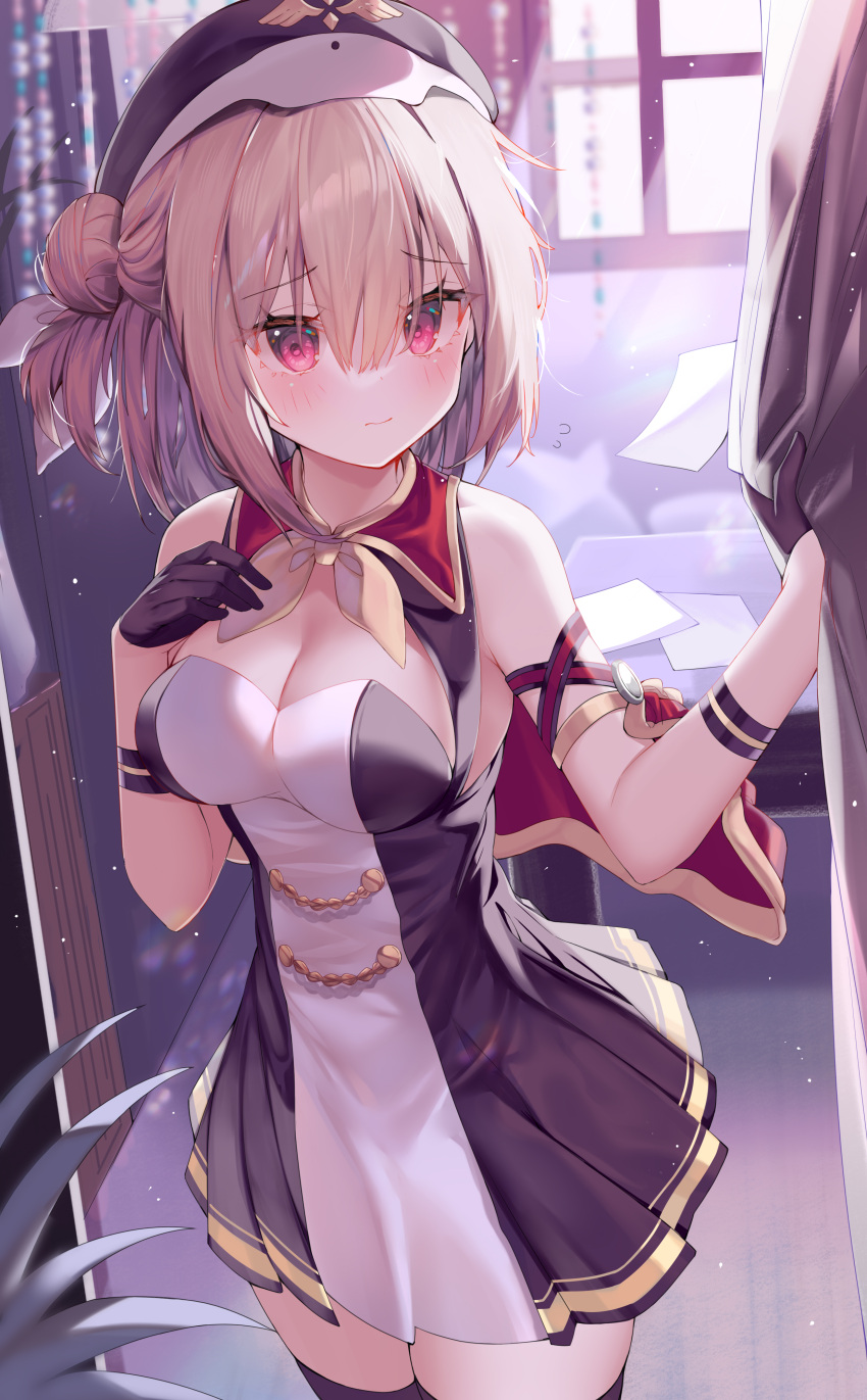 1girl absurdres arm_strap azur_lane bare_shoulders black_dress black_gloves black_headwear black_thighhighs blonde_hair breasts capelet cleavage cleavage_cutout closed_mouth clothing_cutout commission cowboy_shot curtains dress embarrassed frown gloves gold_trim hair_bun half_gloves hands_up hat hecha_(01964237) highres leipzig_(azur_lane) looking_at_viewer medium_breasts medium_hair military_hat pixiv_commission red_eyes sleeveless sleeveless_dress solo standing thighhighs two-tone_dress window zettai_ryouiki