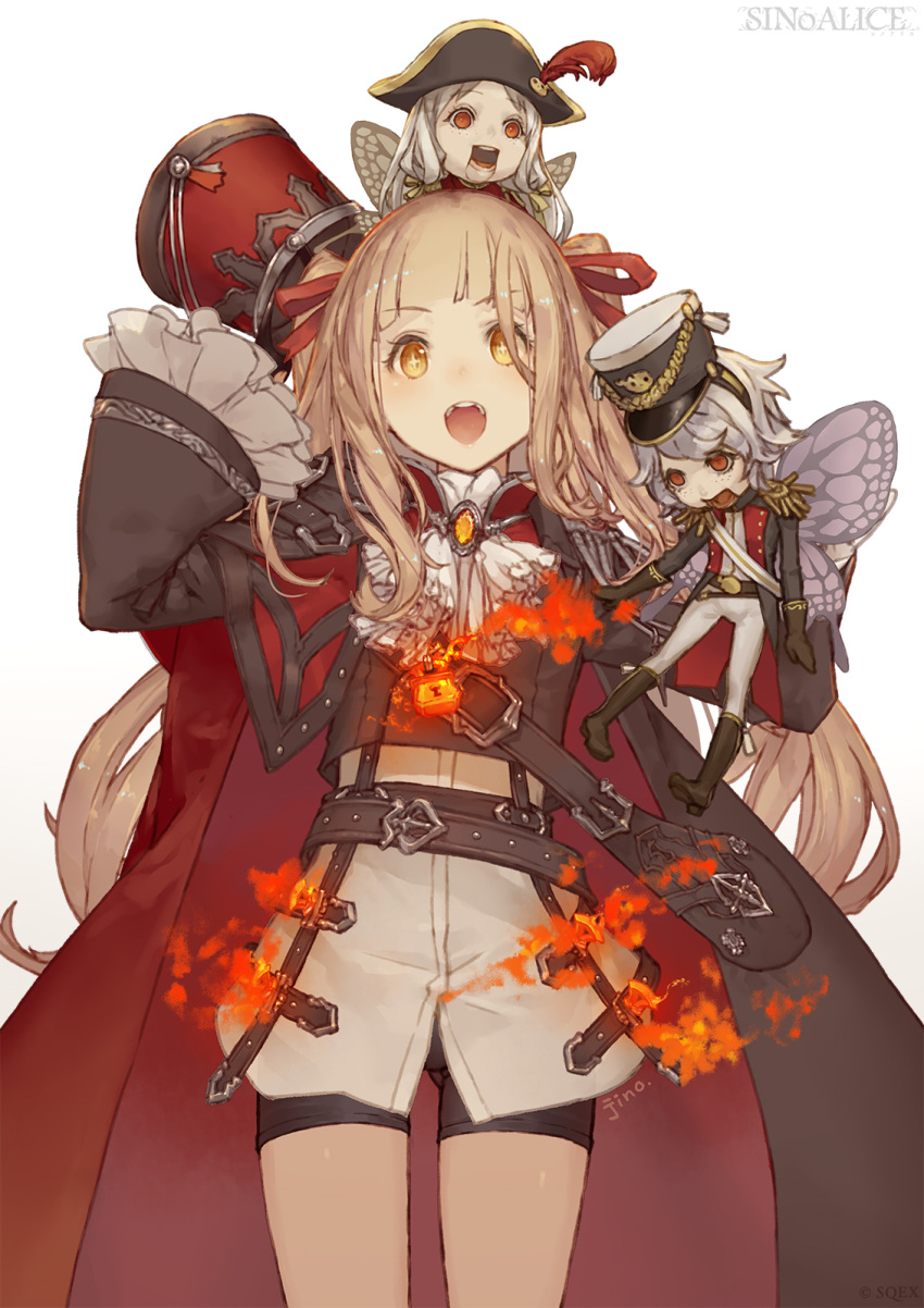 anki_(sinoalice) ascot blunt_bangs blush butterfly_wings cape doll fire gishin_(sinoalice) hair_ribbon happy hat hat_removed headwear_removed highres holding holding_clothes holding_hat ji_no lock long_hair official_art open_mouth orange_eyes red_eyes red_riding_hood_(sinoalice) ribbon shorts sidelocks simple_background sinoalice star-shaped_pupils star_(symbol) symbol-shaped_pupils twintails uniform wavy_hair white_background white_hair wings