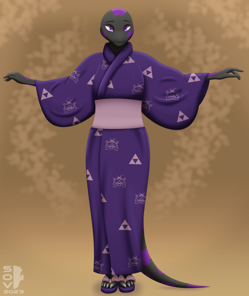 4_toes abstract_background anthro arms_out asian_clothing black_body claws clothed clothing east_asian_clothing feet female footwear fully_clothed hi_res japanese_clothing looking_at_viewer purple_clothing purple_eyes reptile scalie smile snake solo sovulsen standing toe_claws toes yukata