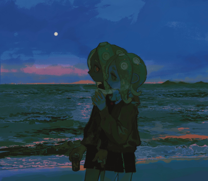 2girls azigashimitoru beach black_shorts can closed_mouth cup dark-skinned_female dark_skin disposable_cup from_side highres holding holding_can holding_cup horizon long_sleeves multiple_girls night ocean octoling octoling_girl outdoors profile shorts sky splatoon_(series) steam sweater tentacle_hair walking water