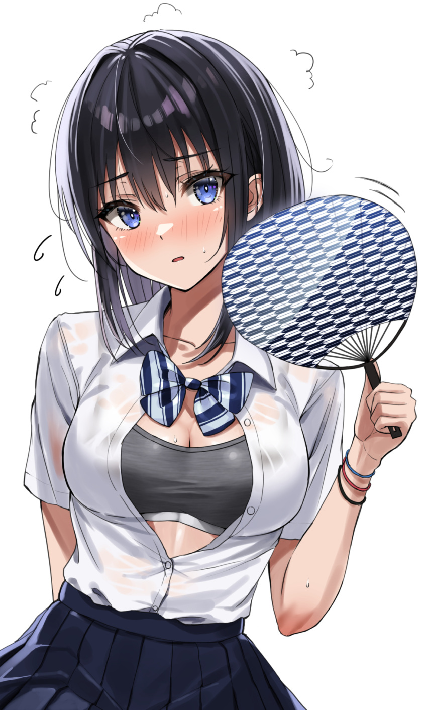 1girl black_hair black_skirt blue_eyes blush bracelet breasts cleavage collarbone collared_shirt commentary_request hand_fan highres holding holding_fan hot jewelry looking_at_viewer medium_breasts open_clothes open_mouth open_shirt original paper_fan pleated_skirt school_uniform see-through see-through_shirt shirt short_sleeves simple_background skirt sports_bra sweat uniform white_background white_shirt yukemuriganmo