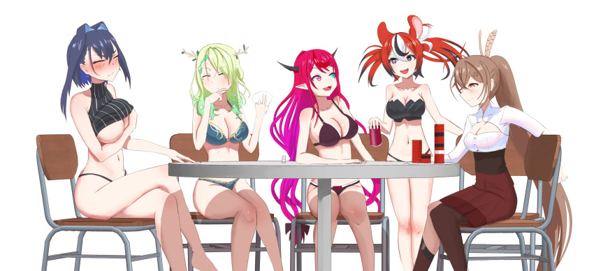 5girls alternate_costume angelchama animal_ear_fluff animal_ears antlers asymmetrical_legwear black_bra black_hair black_panties blue_bra blue_eyes blue_hair blue_panties blush bra braid breasts brown_corset brown_eyes brown_hair can card ceres_fauna chair cleavage cleavage_cutout closed_eyes closed_mouth clothing_cutout commentary corset embarrassed english_commentary feather_hair_ornament feathers green_hair hair_intakes hair_ornament hakos_baelz heterochromia highres holding holding_can holding_card holocouncil hololive hololive_english horns irys_(hololive) kneehighs large_breasts long_hair looking_at_another medium_breasts mouse_ears mouse_girl multicolored_hair multiple_girls nanashi_mumei navel on_chair open_mouth ouro_kronii panties pink_eyes playing_card pleated_skirt pointy_ears poker poker_chip ponytail purple_bra purple_hair purple_panties red_hair red_skirt shirt short_hair side_braid simple_background single_kneehigh single_sock single_thighhigh sitting skirt smile smug socks standing stomach streaked_hair strip_game strip_poker table thighhighs twintails underwear underwear_only very_long_hair virtual_youtuber white_background white_hair white_shirt yuri