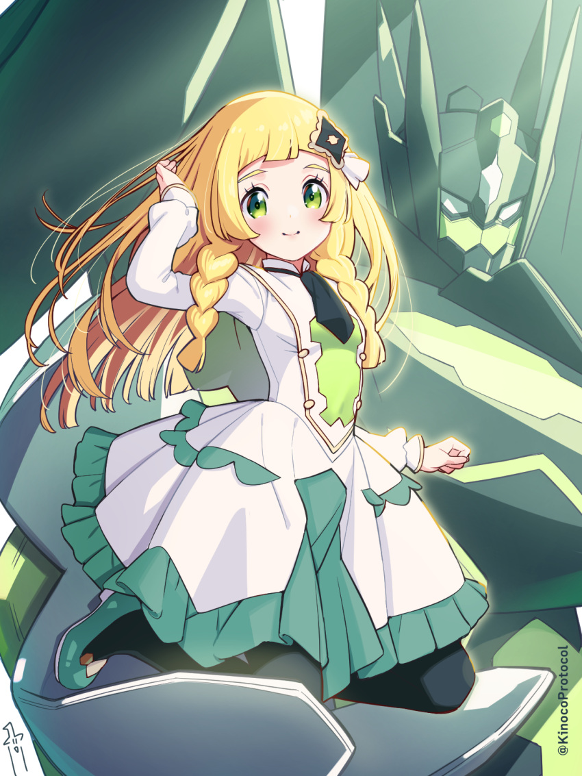 1girl alternate_color ascot black_ascot black_pantyhose blonde_hair blunt_bangs blush braid buttons closed_mouth commentary_request cosplay dress eyelashes green_eyes hair_ribbon hand_up highres kinocopro lillie_(pokemon) long_hair long_sleeves looking_at_viewer pantyhose pokemon pokemon_(creature) pokemon_(game) pokemon_masters_ex pokemon_sm ribbon serena_(pokemon) serena_(pokemon)_(cosplay) serena_(sygna_suit)_(pokemon) shoes smile twin_braids twitter_username watermark white_dress zygarde zygarde_(complete)