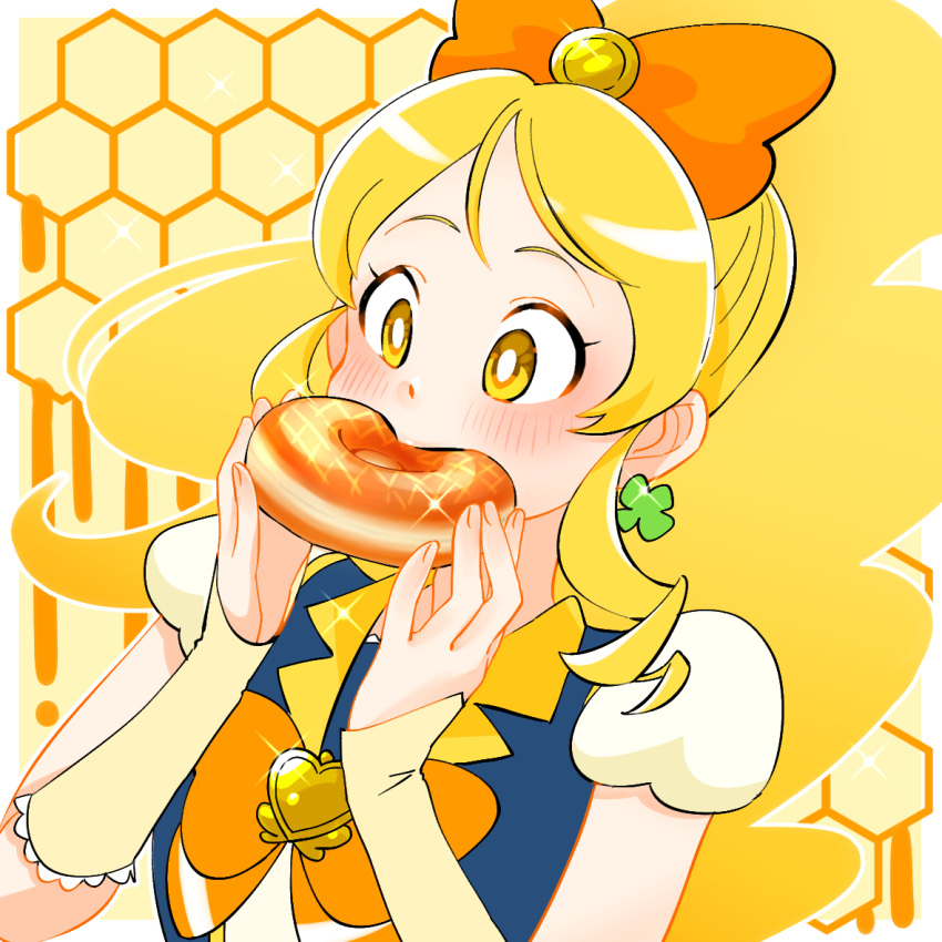 1girl arm_warmers beehive black_vest blonde_hair bow bright_pupils brooch clover_earrings commentary cure_honey doughnut eating food hair_bow happinesscharge_precure! heart heart_brooch holding holding_food honey jewelry long_hair mister_donut monster_rally oomori_yuuko orange_bow ponytail precure puffy_short_sleeves puffy_sleeves shirt short_sleeves sidelocks solo sparkle upper_body vest white_pupils white_shirt yellow_eyes