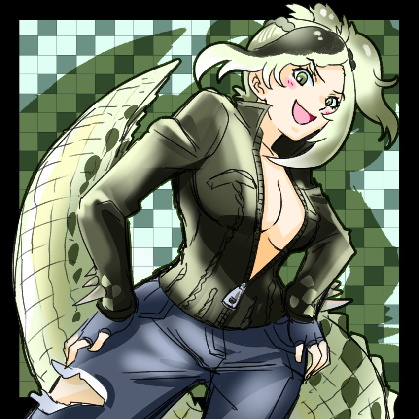 1girl asymmetrical_hair black_border blue_gloves blue_pants blush border breast_pocket breasts checkered_background chiffon cowboy_shot crocodilian_tail denim fingerless_gloves gloves green_eyes green_hair green_jacket hands_on_own_hips high_ponytail highres jacket jeans kemono_friends long_hair long_sleeves looking_at_viewer medium_breasts multicolored_hair open_mouth outside_border pants partially_unzipped pocket saltwater_crocodile_(kemono_friends) slit_pupils smile solo tail torn_clothes torn_jeans torn_pants zipper_pull_tab