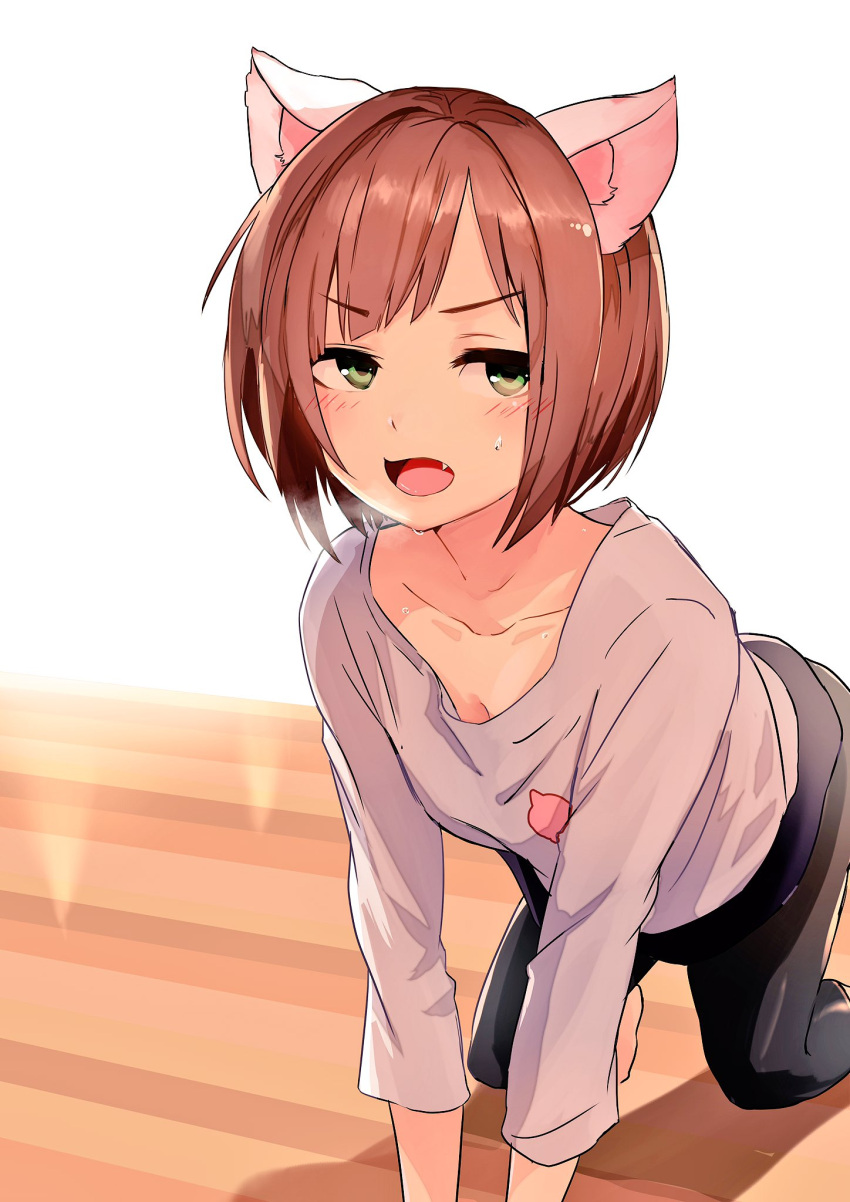 1girl all_fours animal_ears black_pants blush breasts brown_hair cat_ears cleavage collarbone exhausted fang greatpengh green_eyes grey_shirt heavy_breathing highres idolmaster idolmaster_cinderella_girls idolmaster_cinderella_girls_starlight_stage indoors long_sleeves looking_at_another maekawa_miku medium_breasts open_mouth pants shirt short_hair solo sweat wooden_floor