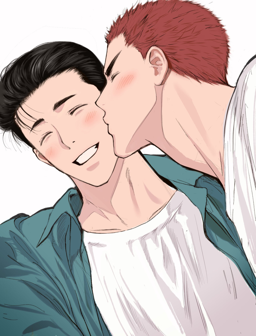 2boys bishounen black_eyes black_hair blush buzz_cut closed_eyes couple green_shirt highres kiss kissing_cheek layered_clothes llll_100 long_sleeves male_focus mito_youhei multiple_boys pompadour red_hair sakuragi_hanamichi shirt short_hair slam_dunk_(series) smile upper_body very_short_hair white_background white_shirt yaoi