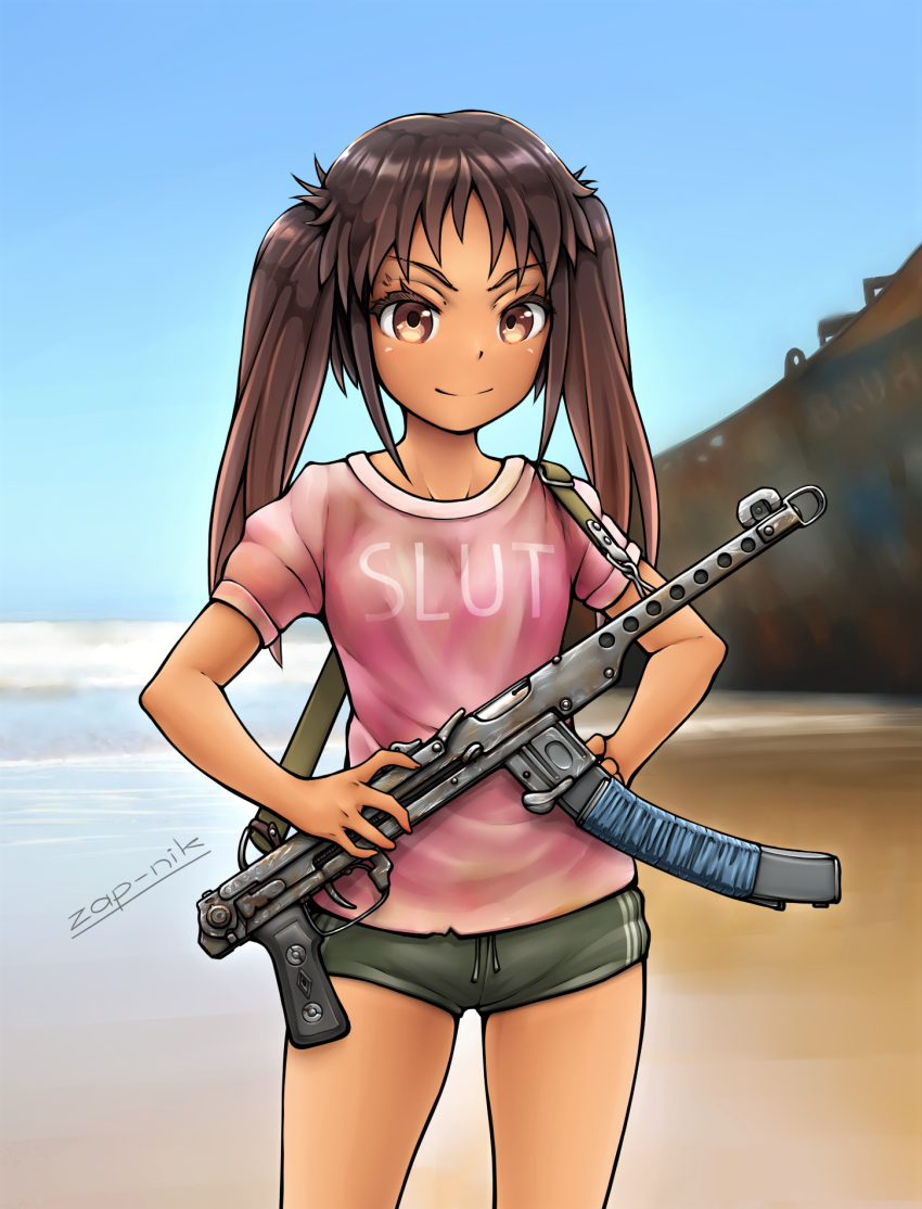 1girl artist_name beach blue_sky brown_eyes brown_hair casual closed_mouth clothes_writing commentary cowboy_shot dark-skinned_female dark_skin day drawstring english_text female_child flat_chest folding_stock green_shorts gun highres jungle_style long_hair looking_at_viewer ocean original outdoors pink_shirt pps-43 profanity shirt short_shorts short_sleeves shorts sky sling slut_shirt smile solo submachine_gun t-shirt tan water weapon white_stripes wispy_bangs yellow_eyes zap-nik