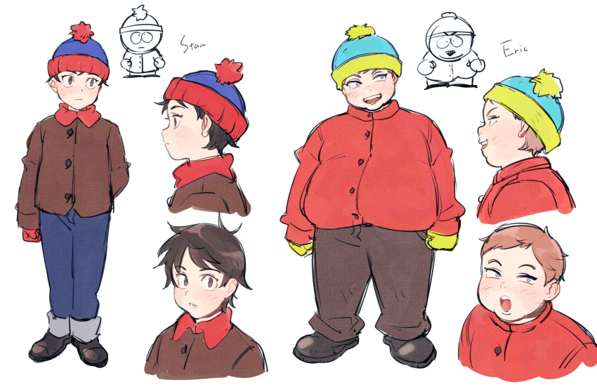 2boys beanie blue_eyes blue_headwear blue_pants brown_eyes brown_footwear brown_hair brown_jacket character_name closed_mouth commentary_request eric_cartman fat full_body gloves hat highres jacket light_blush light_brown_hair looking_at_viewer male_focus multiple_boys multiple_views nano8 obese pants red_headwear red_jacket short_hair simple_background sketch south_park stan_marsh two-tone_headwear white_background yellow_gloves yellow_headwear