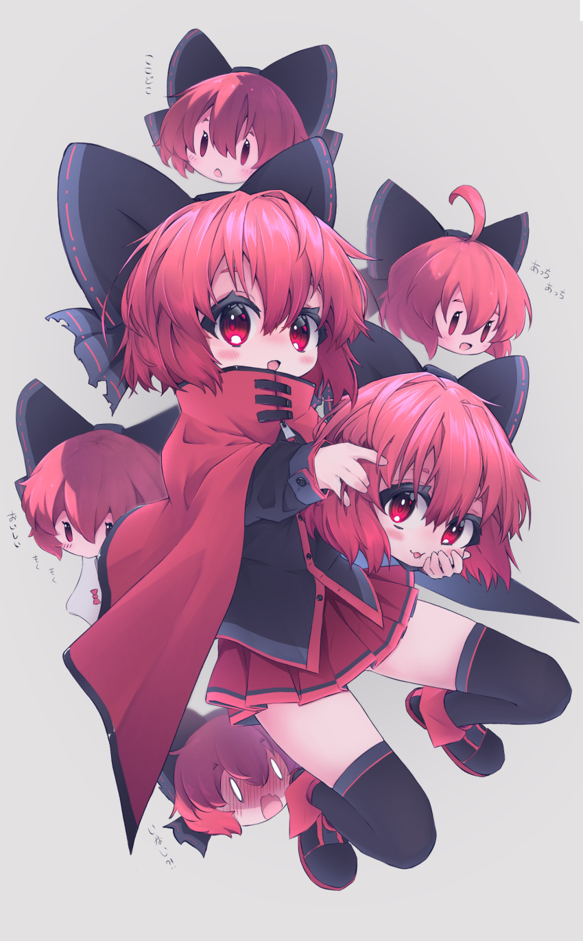 1girl absurdres ahoge black_bow black_footwear black_shirt black_thighhighs blush bow cape grey_background hair_between_eyes hair_bow highres long_sleeves mouth_hold mr.turtle_head open_mouth panties pleated_skirt red_cape red_eyes red_hair red_skirt sekibanki shirt shoes short_hair simple_background skirt solo thighhighs touhou underwear white_panties