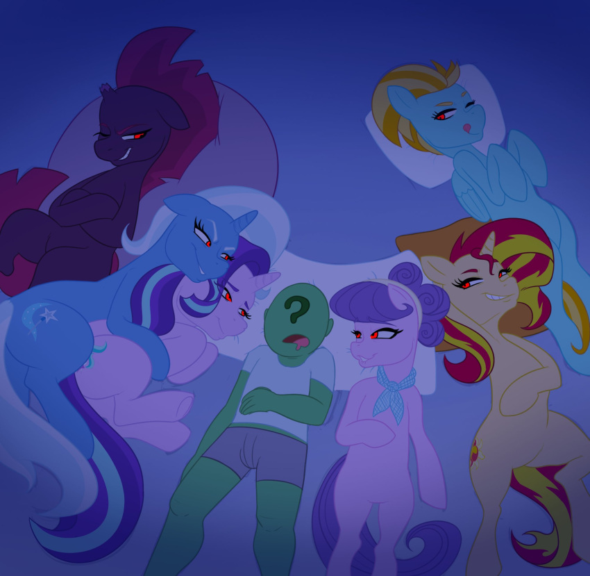 anonymous bandanna bedroom_eyes blonde_hair blue_body blue_hair blue_tail broken_horn clothing crossed_arms cutie_mark digital_media_(artwork) earth_pony equestria_girls equid equine evil_grin female feral friendship_is_magic green_body green_skin greenybeanz grin group hair hasbro hi_res horn horse human kerchief lightning_dust_(mlp) lying male mammal multicolored_hair my_little_pony my_little_pony:_the_movie_(2017) narrowed_eyes open_mouth pegasus pillow pink_body pink_hair pink_tail pony purple_body purple_hair purple_tail red_eyes red_hair red_tail seductive smile starlight_glimmer_(mlp) sunset_shimmer_(eg) suri_polomare_(mlp) tail tempest_shadow_(mlp) trixie_(mlp) two_tone_hair two_tone_tail unicorn wings yellow_body