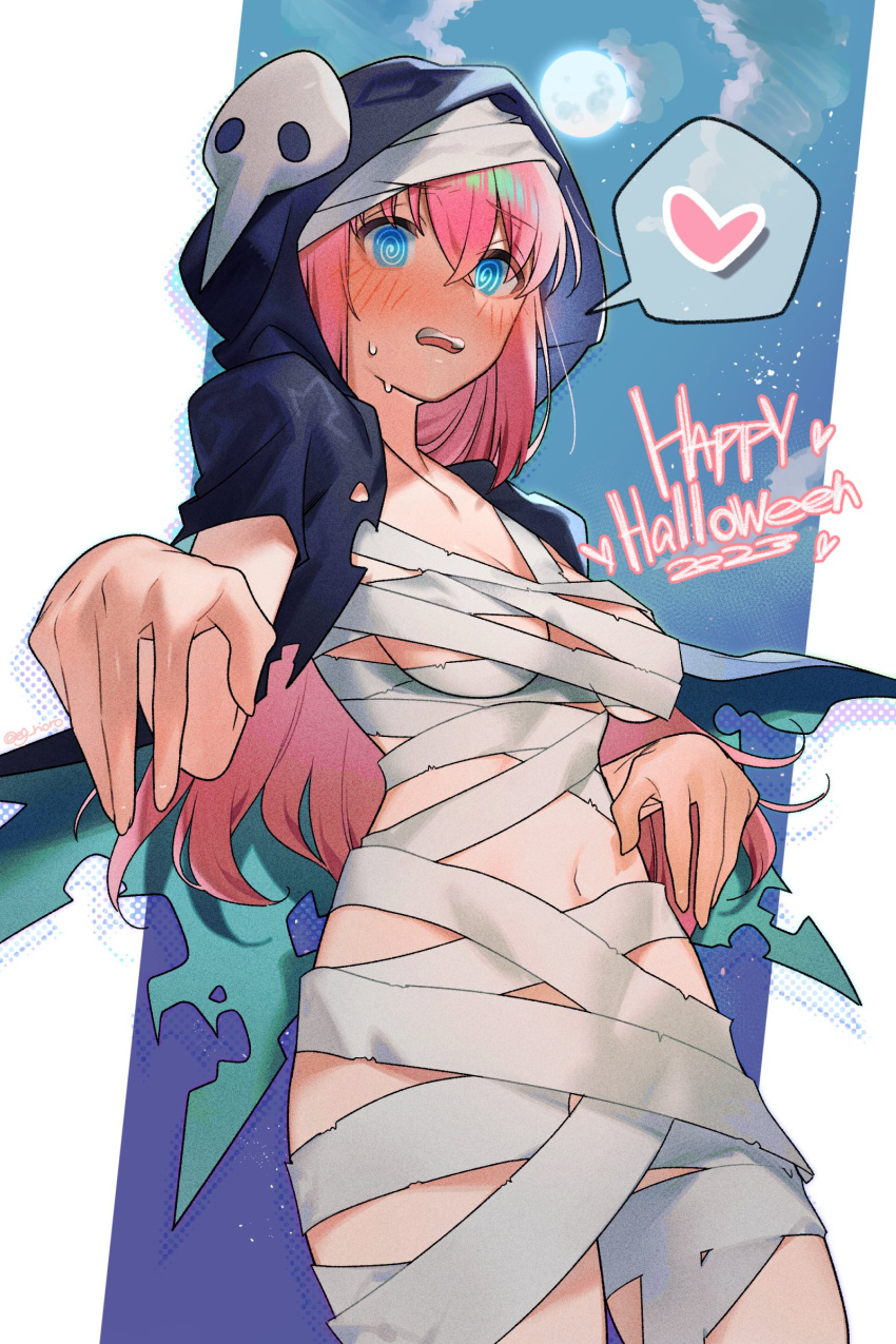 1girl @_@ absurdres bandaged_head bandages black_hood blue_eyes blush bocchi_the_rock! breasts cloud collarbone commentary_request embarrassed full_moon ghost_pose gotoh_hitori hair_between_eyes happy_halloween heart highres long_hair looking_at_viewer medium_breasts moon naked_bandage navel night night_sky open_mouth pink_hair sky sofa_(enogunomu) solo spoken_heart star_(sky) starry_sky stomach sweat teeth thighs torn_clothes upper_teeth_only