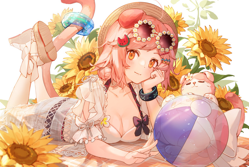1girl absurdres animal_ears arknights arm_support ball beachball black_bow bow breasts cat_ears cat_girl cat_tail cleavage closed_mouth commentary_request eyewear_on_head floppy_ears flower flower-shaped_eyewear food-themed_hair_ornament full_body goldenglow_(arknights) goldenglow_(summer_flowers)_(arknights) hair_ornament hairclip hand_on_own_cheek hand_on_own_face hat highres kotatsu_kaya looking_at_viewer lying medium_hair official_alternate_costume on_stomach orange_eyes pink_cat pink_hair sandals scottish_fold shirt short_sleeves skirt smile solo sunflower tail watermelon_hair_ornament white_shirt white_skirt