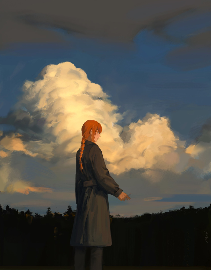 1girl artist_name black_coat blue_sky braid braided_ponytail chainsaw_man cigarette cloud cloudy_sky coat evening highres holding holding_cigarette looking_at_viewer looking_back makima_(chainsaw_man) medium_hair null_(skev7724) red_hair sky solo standing wide_shot yellow_eyes