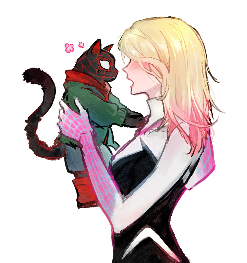 1boy 1girl absurdres animal animal_print blonde_hair bodysuit boots cat from_side gradient_hair gwen_stacy highres holding holding_animal hood hooded_bodysuit hoodie jacket looking_at_another marvel mask meows_morales multicolored_hair spider-gwen spider-man:_across_the_spider-verse spider-man_(series) spider-verse spider_print spider_web_print two-tone_bodysuit upper_body verxi0