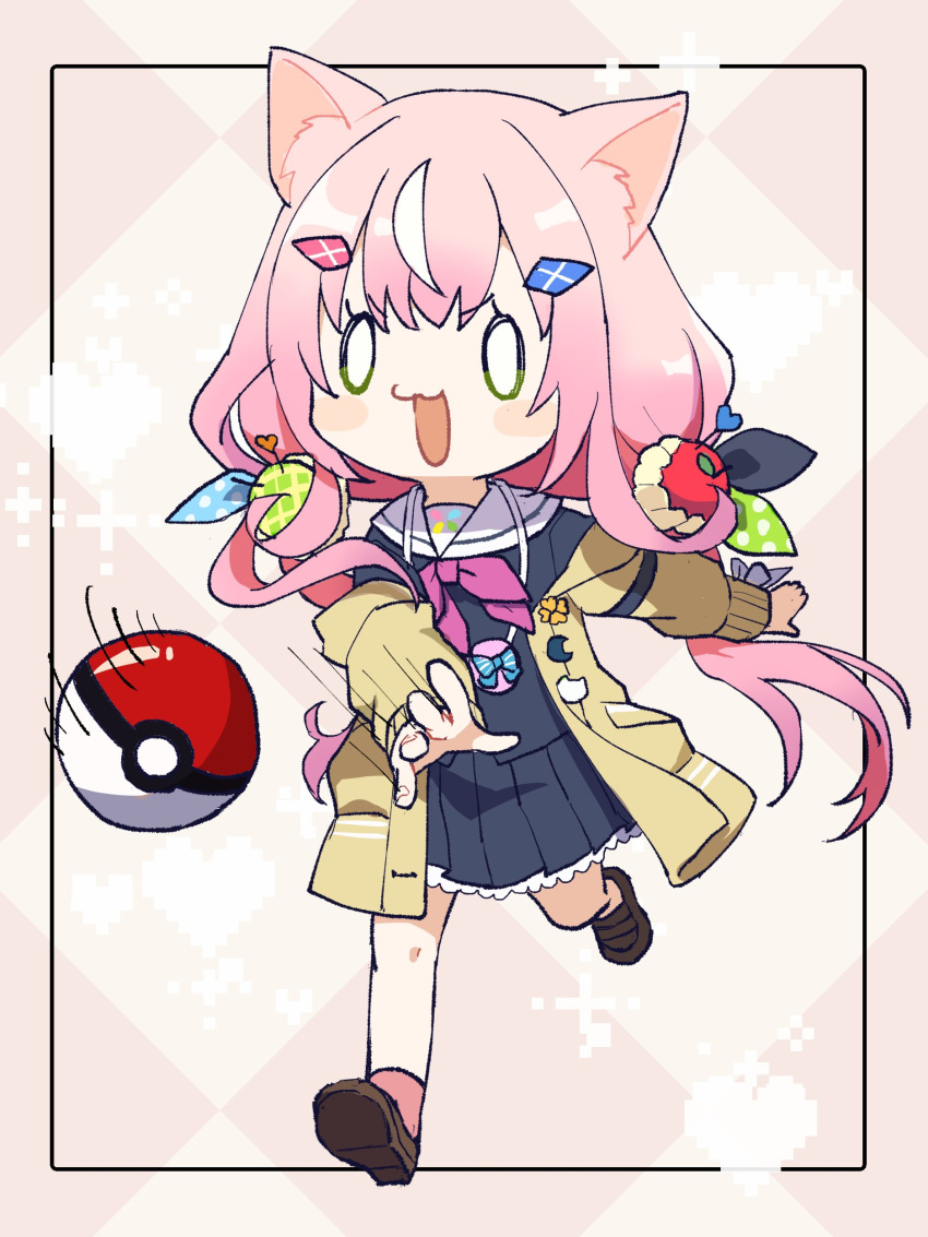 1girl absurdres animal_ear_fluff animal_ears apple_hair_ornament black_serafuku brown_footwear cat_ears food-themed_hair_ornament green_eyes gyuentec hair_ornament highres jacket loafers long_hair low_twintails multicolored_hair nijisanji nijisanji_kr open_clothes open_jacket open_mouth pink_hair poke_ball pokemon sailor_collar school_uniform serafuku shoes smile solo streaked_hair twintails virtual_youtuber white_hair white_sailor_collar yang_nari yang_nari_(1st_costume) yellow_jacket