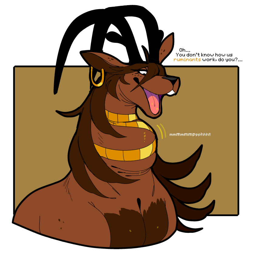 absurd_res antlers capreoline deer ear_piercing ear_ring english_text female feral hi_res horn hypnofood jewelry mammal neck_bulge necklace piercing reina_(hypnofood) reindeer ring_piercing solo struggling_prey text vore