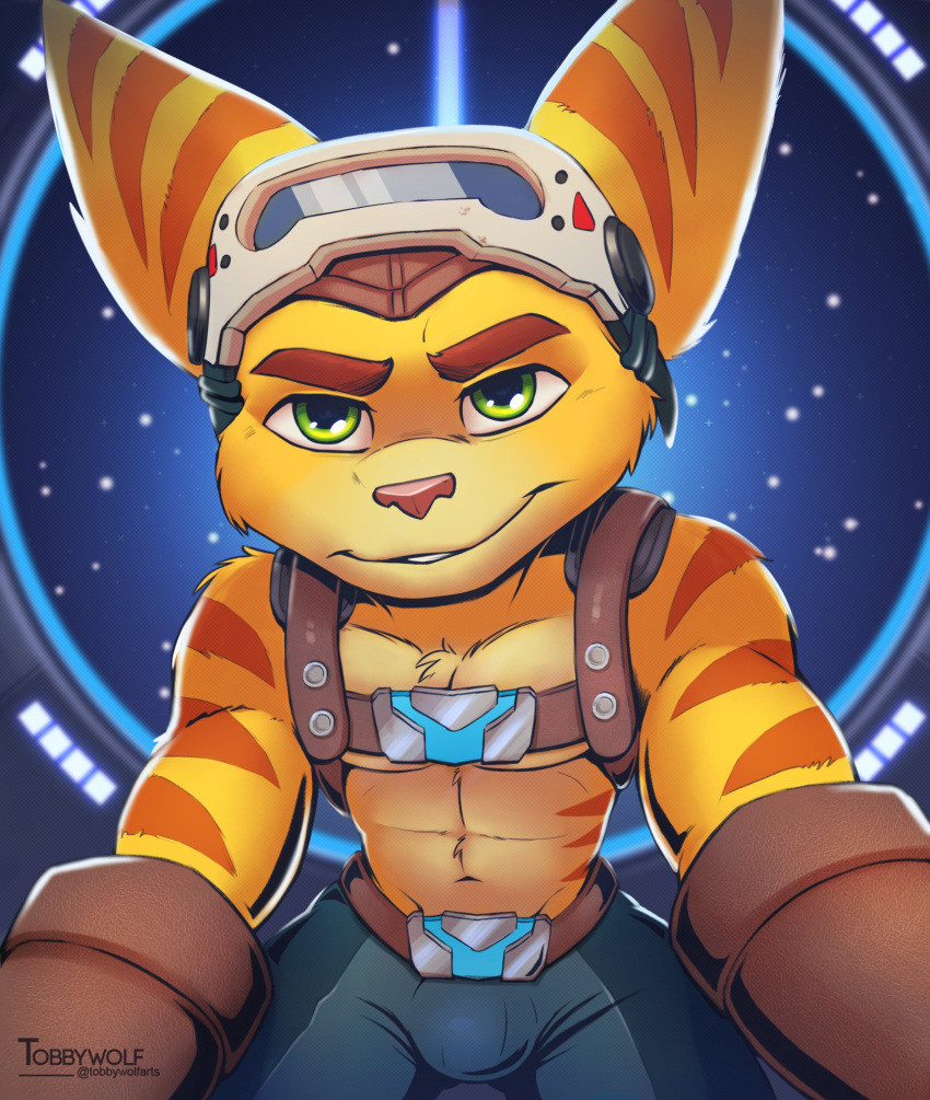 bottomwear bulge clothing denim denim_clothing fur gloves green_eyes handwear headgear hi_res humanoid jeans lombax looking_at_viewer male mammal muscular muscular_male pants ratchet ratchet_and_clank shirtless_male solo sony_corporation sony_interactive_entertainment tobbywolf