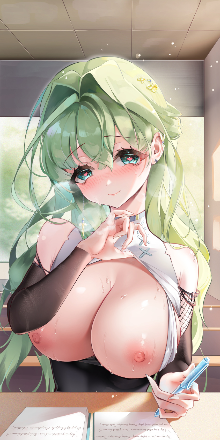 absurdres bare_shoulders black_shirt blush breasts chinese_commentary closed_mouth clothes_lift commentary_request desk detached_sleeves earrings fangwan green_eyes green_hair hair_between_eyes hand_up heart heart-shaped_pupils heavy_breathing highres holding holding_pen indoors jewelry large_breasts layered_shirt lifted_by_self long_hair looking_at_viewer nipples no_bra nose_blush original pen shirt shirt_lift smile sweat symbol-shaped_pupils upper_body wavy_hair white_shirt