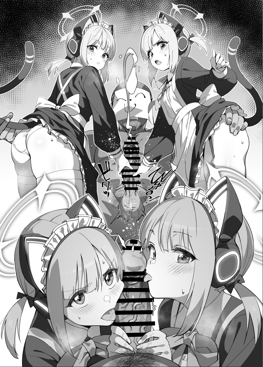 1boy 2girls absurdres animal_ear_headphones animal_ears apron arona's_sensei_doodle_(blue_archive) ass bar_censor blue_archive blush cat_ear_headphones censored cooperative_fellatio cum dress ejaculation erection fake_animal_ears fake_tail fellatio ffm_threesome greyscale group_sex halo handjob headphones highres licking licking_penis long_sleeves looking_at_viewer maid maid_headdress midori_(blue_archive) momoi_(blue_archive) monochrome multiple_girls okita_ababa open_mouth oral panties penis projectile_cum sensei_(blue_archive) tail thighhighs threesome tongue tongue_out underwear