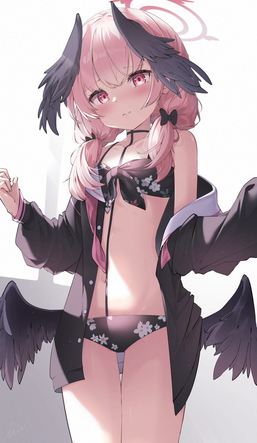 1girl absurdres bikini black_bikini black_bow black_shirt black_wings blue_archive blush bow breasts closed_mouth commentary feathered_wings feet_out_of_frame floral_print front-tie_bikini_top front-tie_top hair_bow halo head_wings highres koharu_(blue_archive) koharu_(swimsuit)_(blue_archive) long_hair long_sleeves looking_at_viewer looking_down low_twintails low_wings maeru necktie off_shoulder official_alternate_costume open_clothes open_shirt pink_eyes pink_hair pink_halo pink_necktie print_bikini shirt simple_background small_breasts solo standing swimsuit tattoo twintails undone_neckerchief white_background wings