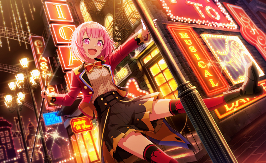 1girl balcony black_footwear black_shorts boots bow bowtie cane city_lights colorful_palette gold_trim highres holding holding_cane jacket lamppost long_sleeves looking_at_viewer neon_lights official_art ootori_emu open_mouth pink_eyes pink_hair pleated_shorts project_sekai red_bow red_bowtie red_jacket red_thighhighs shirt short_hair shorts sign smile solo sparkle stairs thighhighs third-party_source white_shirt window wing_collar zenryoku!_wonder_halloween!_(project_sekai)