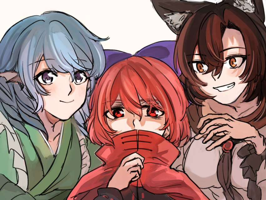 3girls animal_ears brown_eyes brown_hair cloak closed_mouth commentary_request egg_ekaki fins grass_root_youkai_network green_kimono grey_eyes hair_between_eyes head_fins highres imaizumi_kagerou japanese_clothes kimono long_hair multiple_girls red_eyes sekibanki simple_background smile tail touhou upper_body wakasagihime wolf_ears wolf_girl wolf_tail