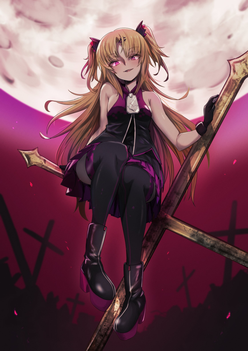 1girl absurdres akatsuki_uni ankoku_kishi_m armpit_crease bare_arms bare_shoulders black_dress black_footwear black_gloves black_jacket black_thighhighs blonde_hair breasts collared_jacket colored_shoe_soles cross dress fang full_body gloves glowing glowing_eye hair_ornament hairpin highres huge_moon jacket latin_cross long_hair looking_at_viewer moon multicolored_clothes multicolored_jacket night open_mouth oversized_zipper parted_bangs partially_fingerless_gloves platform_footwear pleated_dress purple_dress purple_eyes purple_jacket purple_sky purple_thighhighs sitting sitting_on_object sky sleeveless sleeveless_dress sleeveless_jacket small_breasts smile solo thighhighs thighs two-tone_dress two-tone_jacket two-tone_thighhighs two_side_up uni_create upskirt vampire very_long_hair virtual_youtuber zipper_pull_tab