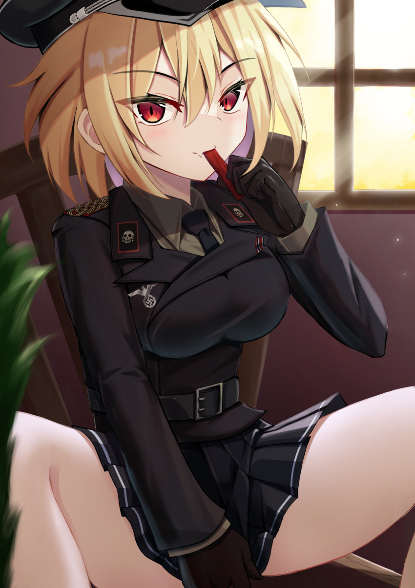 black_gloves blonde_hair breasts gloves highres jiseki_rena large_breasts looking_at_viewer medium_hair military military_uniform nazi original red_eyes rena_(jiseki_rena) soldier uniform