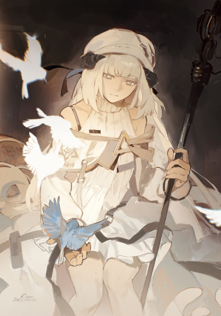 1girl absurdres arknights bare_legs bare_shoulders bird black_background blue_bird blue_eyes clothing_cutout commentary dove dress empty_eyes english_commentary frown highres holding holding_staff long_hair long_sleeves looking_at_animal looking_down nightingale_(arknights) shoulder_cutout simple_background sitting solo staff very_long_hair white_bird white_dress white_hair white_headwear ykhrcca
