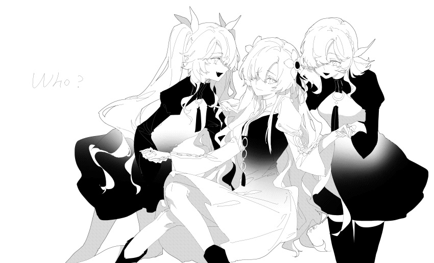 3girls absurdres alternate_hair_length alternate_hairstyle boots braid chinese_commentary clone closed_mouth crown_braid dress english_text fang flower gradient_dress greyscale hair_flower hair_ornament hair_over_one_eye hair_ribbon hand_grab hands_up hatching_(texture) head_tilt highres isekai_joucho jaggy_lines juliet_sleeves kamitsubaki_studio linear_hatching long_hair long_sleeves looking_at_another looking_at_viewer monochrome multiple_girls o-ring open_mouth palette_swap pantyhose puffy_sleeves ribbon short_hair shrug_(clothing) simple_background smile song_name thighhighs twintails walluka who?_(vocaloid)