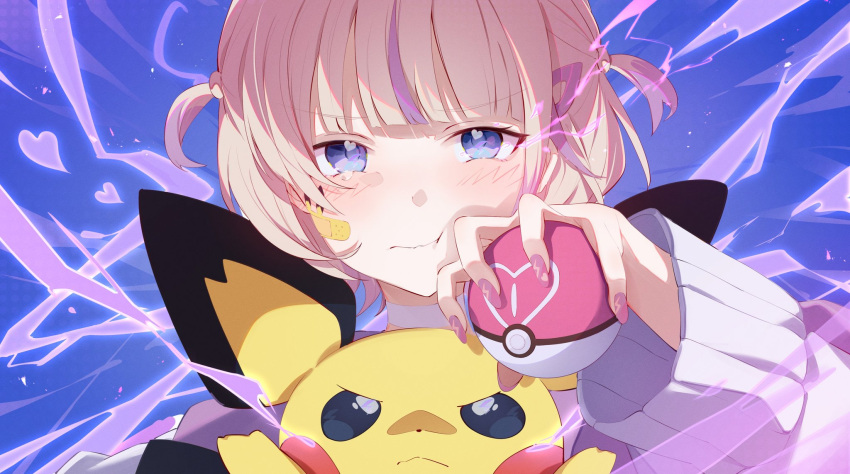 1girl bandaid bandaid_on_cheek bandaid_on_face blonde_hair electricity highres holding holding_poke_ball hololive hololive_dev_is jacket love_ball motoi_(croa76) pichu poke_ball pokemon pokemon_(creature) purple_background purple_eyes todoroki_hajime virtual_youtuber volt_tackle_(vocaloid)