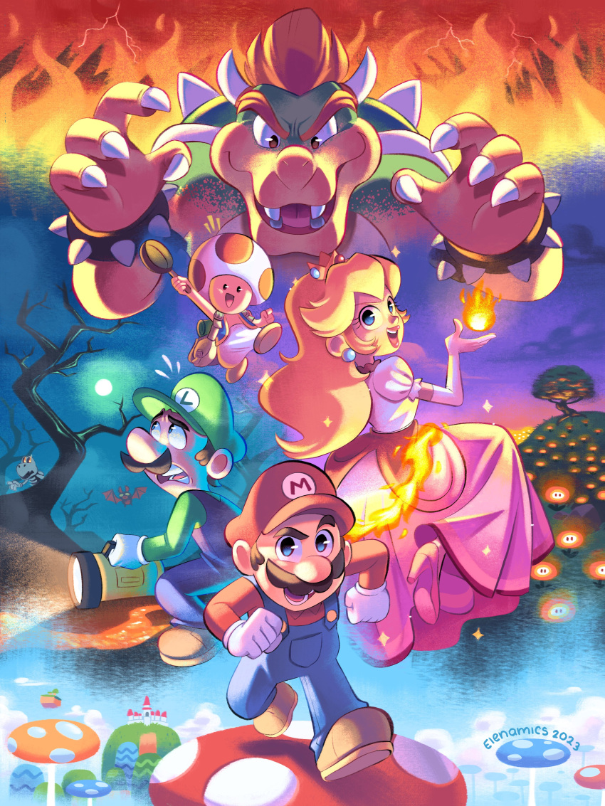 1girl 4boys absurdres armlet blonde_hair blue_eyes blue_overalls bowser bracelet claws commentary crown dress earrings elenamics facial_hair fangs fire flashlight full_body gloves hat highres jewelry light long_hair looking_at_viewer luigi male_focus mario mario_(series) multiple_boys mushroom mustache open_mouth overalls pink_dress princess_peach red_hair red_headwear sharp_teeth shirt short_hair smile spiked_armlet spiked_bracelet spiked_shell spikes symbol-only_commentary teeth toad_(mario) turtle_shell