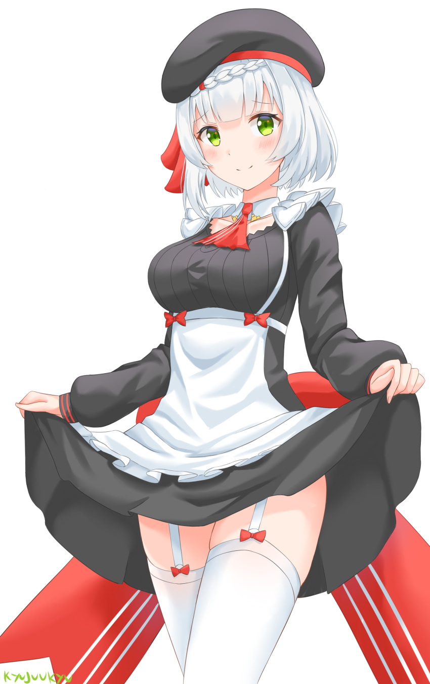 1girl absurdres apron ascot back_bow beret blush bow braid breasts commentary detached_collar dress garter_straps genshin_impact green_eyes hair_bow hat highres kyujuukyu large_breasts looking_at_viewer noelle_(genshin_impact) noelle_(kfc)_(genshin_impact) short_hair skirt_hold smile solo thighhighs waitress white_hair