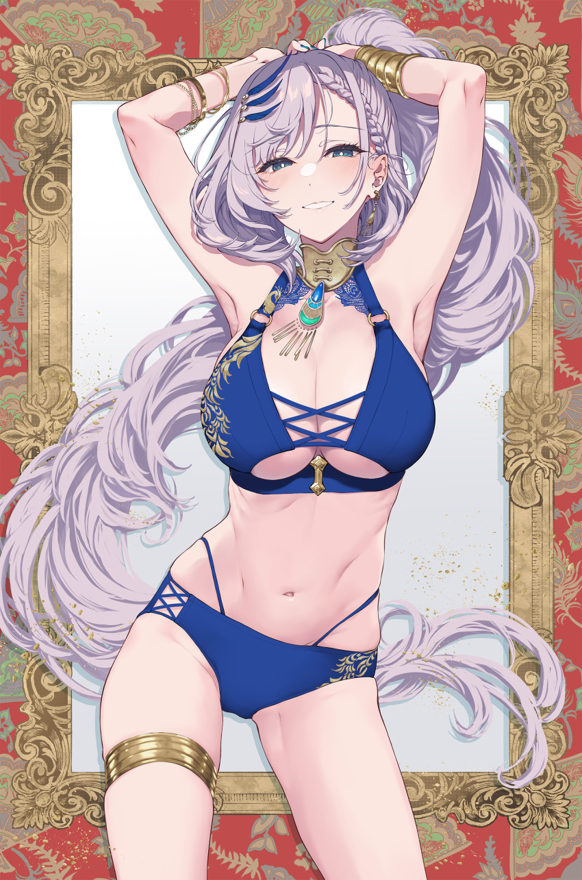 1girl absurdres armpits arms_up bikini blue_bikini breasts cleavage feather_hair_ornament feathers hair_ornament high_ponytail highres hololive hololive_indonesia large_breasts long_hair looking_at_viewer navel parted_lips pavolia_reine pochi_(pochi-goya) smile solo swimsuit very_long_hair virtual_youtuber