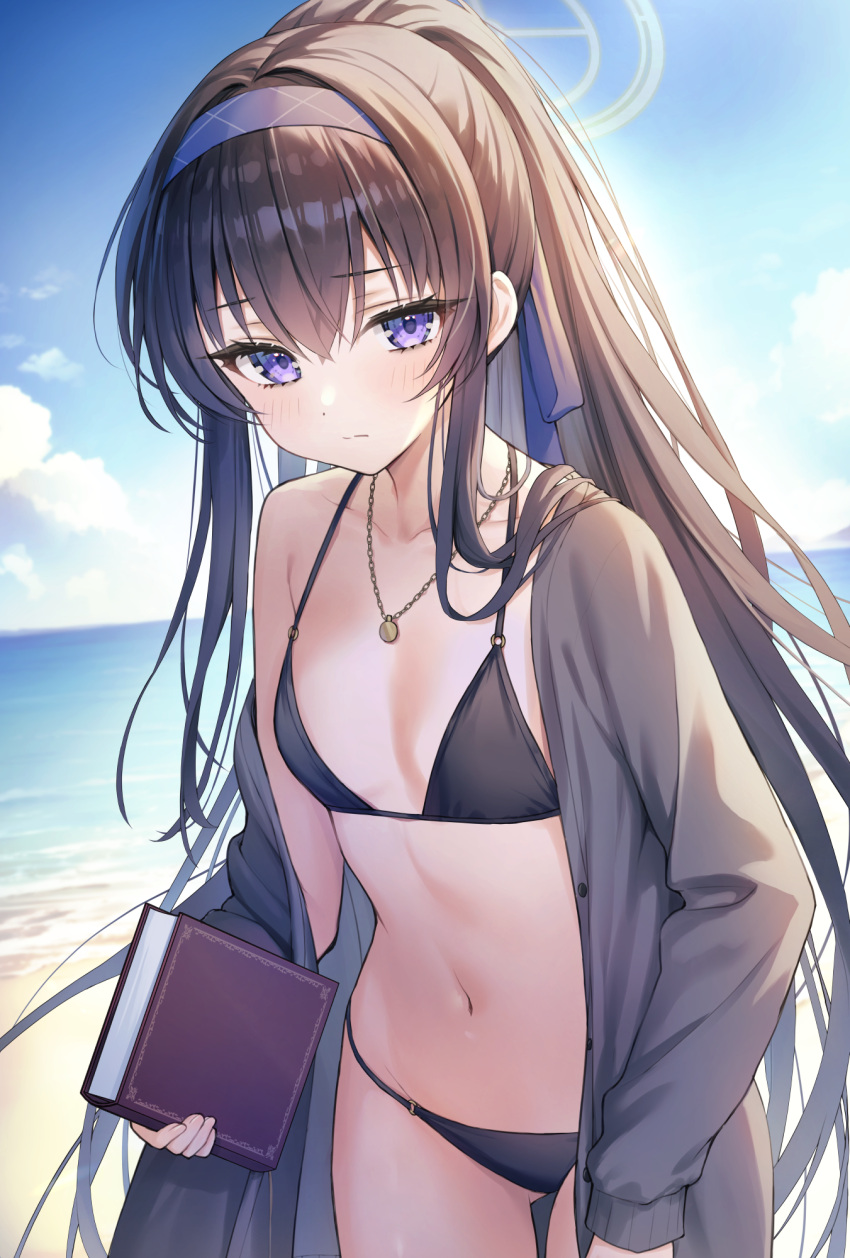 1girl ass_visible_through_thighs bags_under_eyes beach bikini black_bikini black_hair blue_archive blue_sky blush book breasts cardigan closed_mouth cloud collarbone commentary cowboy_shot day grey_cardigan hair_between_eyes hair_over_shoulder hair_ribbon hairband halo highres holding holding_book jewelry kuro_futoshi long_hair long_sleeves looking_at_viewer navel o-ring o-ring_bikini o-ring_bottom o-ring_top ocean off_shoulder official_alternate_costume open_cardigan open_clothes outdoors pendant ponytail purple_eyes purple_hairband purple_ribbon ribbon sand sidelocks single_bare_shoulder sky small_breasts solo swimsuit ui_(blue_archive) ui_(swimsuit)_(blue_archive) very_long_hair yellow_halo